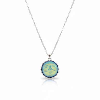 Iridescent Blue Moon Face Pendant Necklace