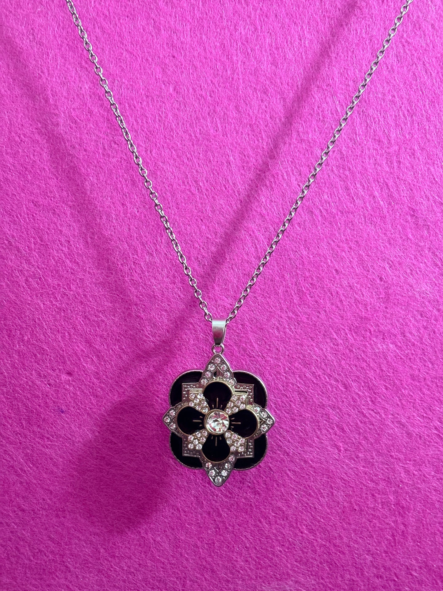 Black Enamel Rhinestone Flower Pendant Necklace