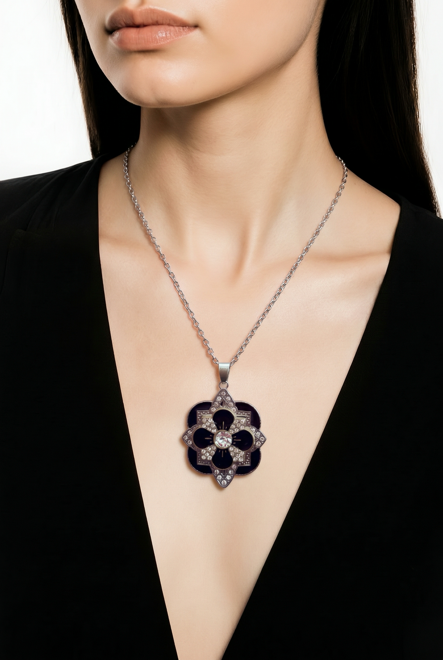 Black Enamel Rhinestone Flower Pendant Necklace