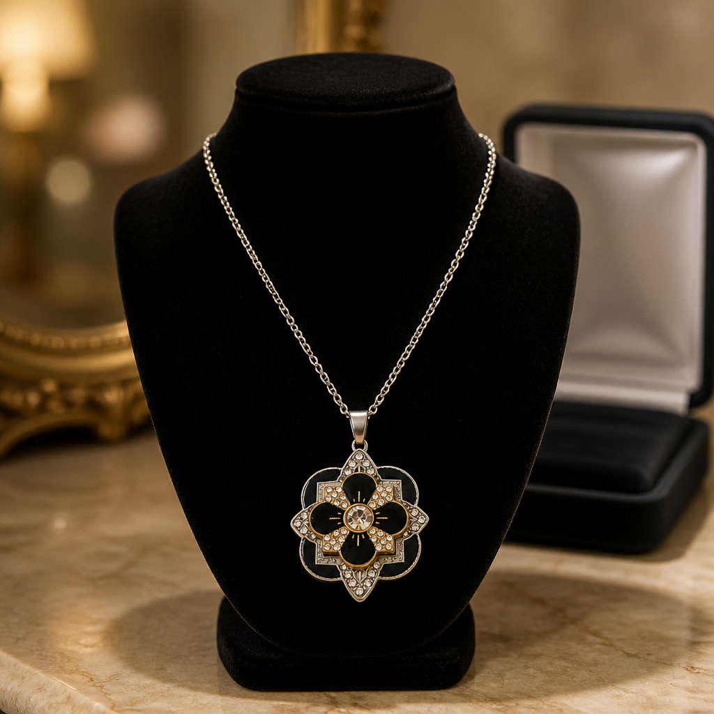 Black Enamel Rhinestone Flower Pendant Necklace