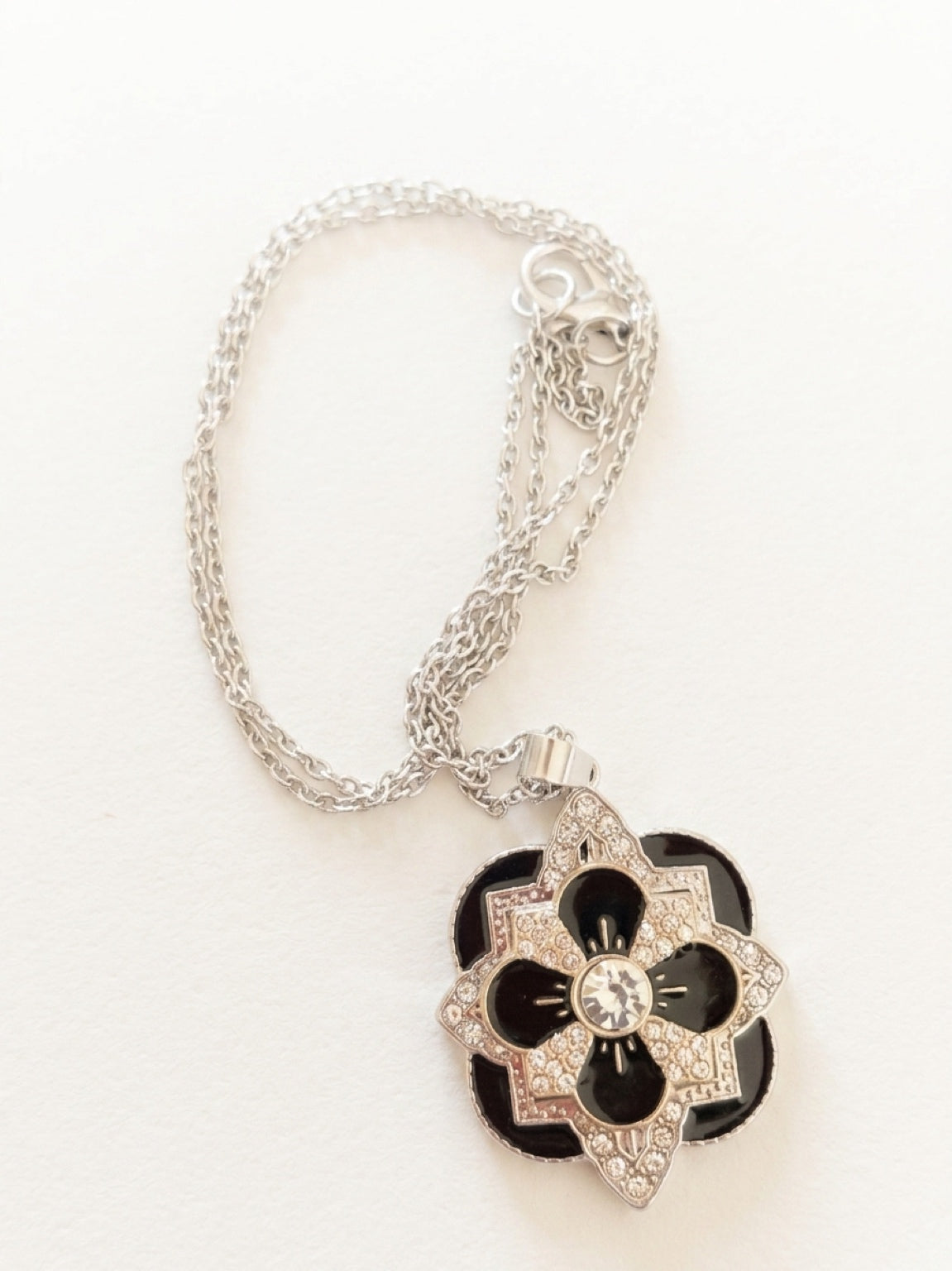 Black Enamel Rhinestone Flower Pendant Necklace
