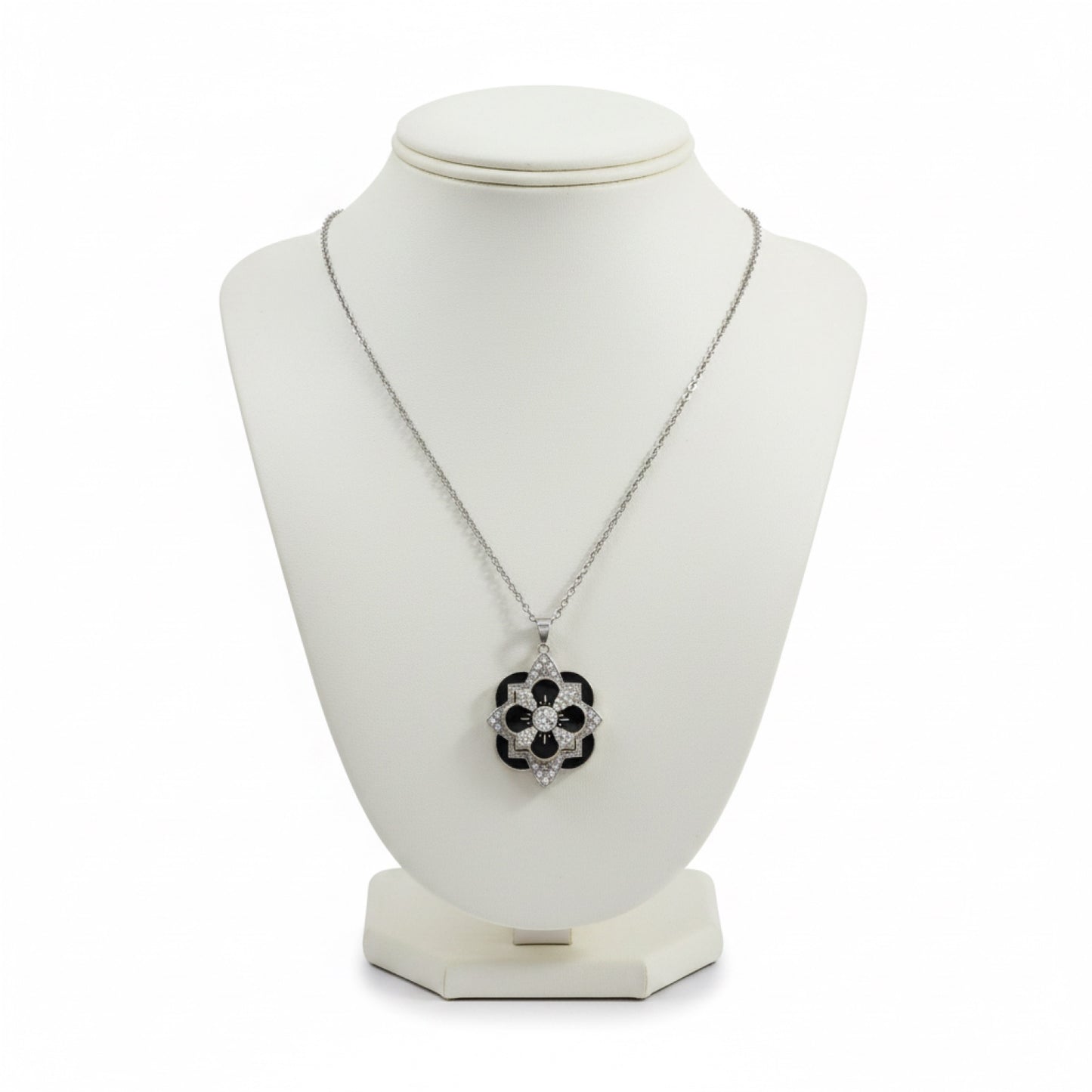 Black Enamel Rhinestone Flower Pendant Necklace