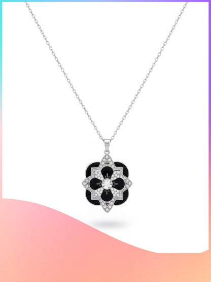 Black Enamel Rhinestone Flower Pendant Necklace