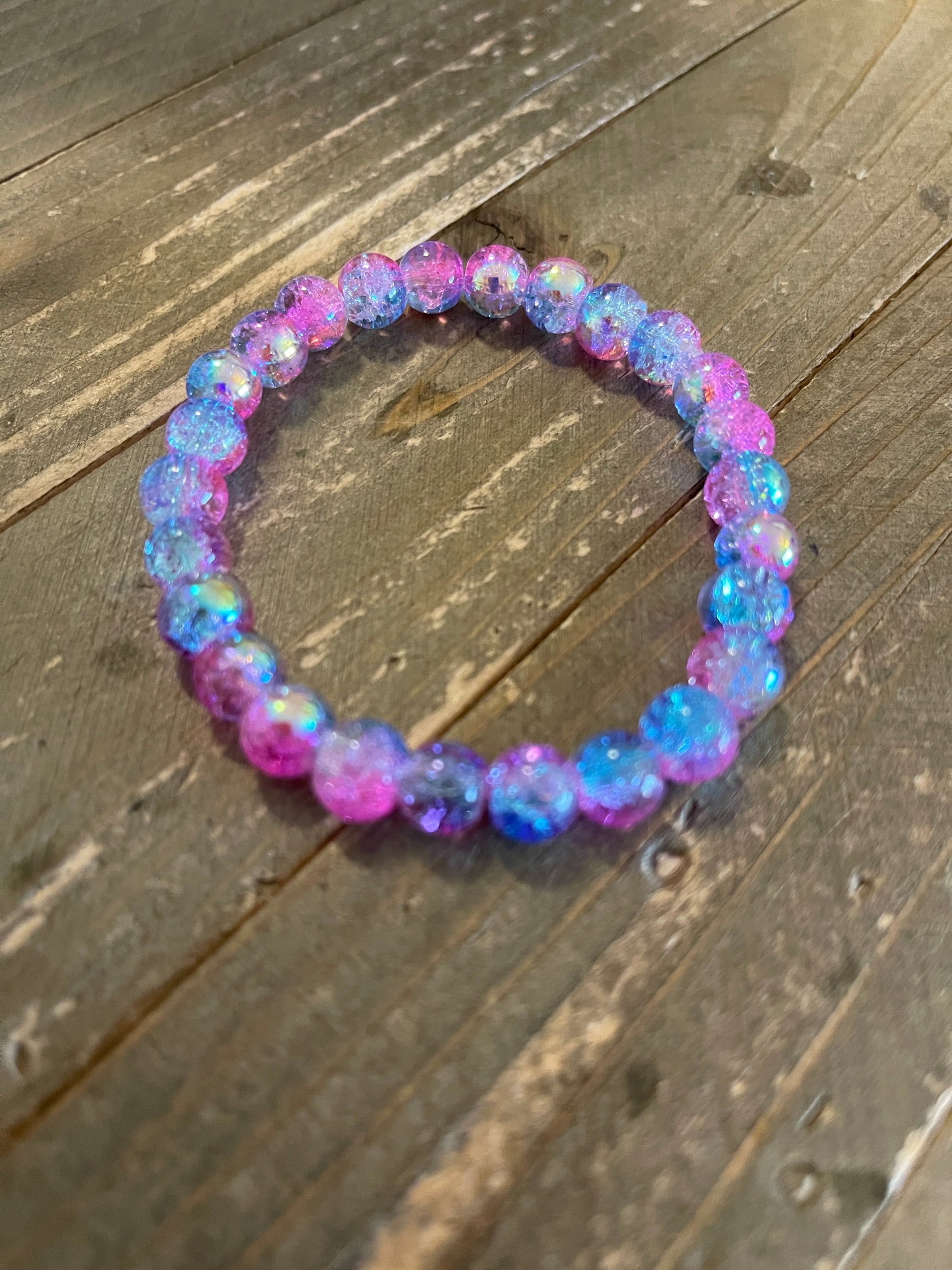 Pink and Blue Crackle glass Beaded Stretch braceletPink tiful of LOVE
