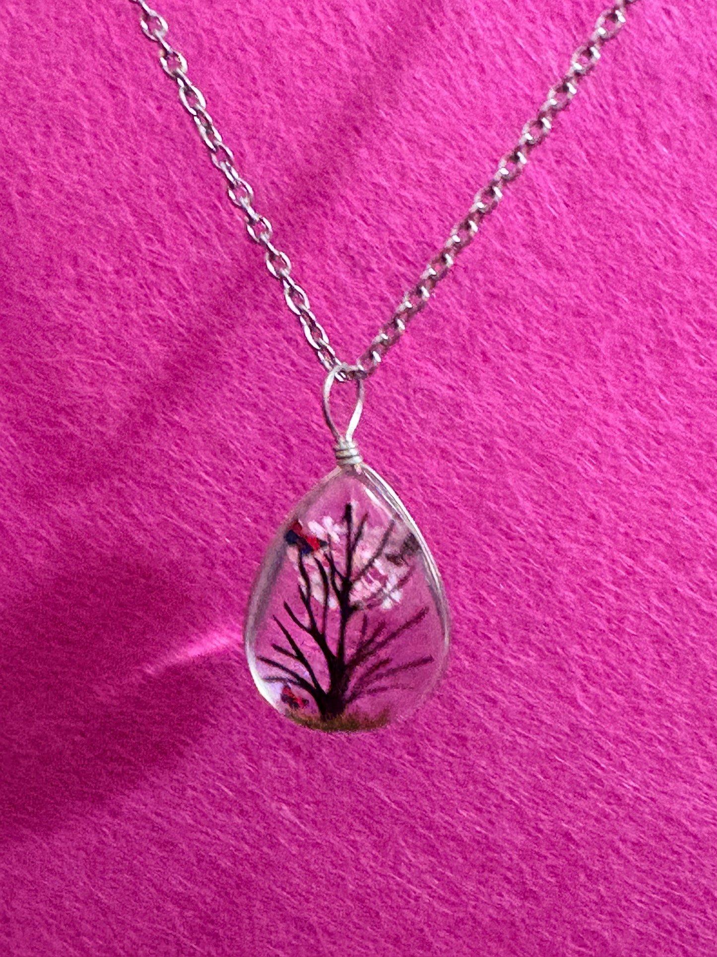 Dried Flower Tree &  Butterfly Teardrop Pendant Necklace