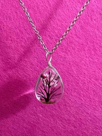 Dried Flower Tree &  Butterfly Teardrop Pendant Necklace