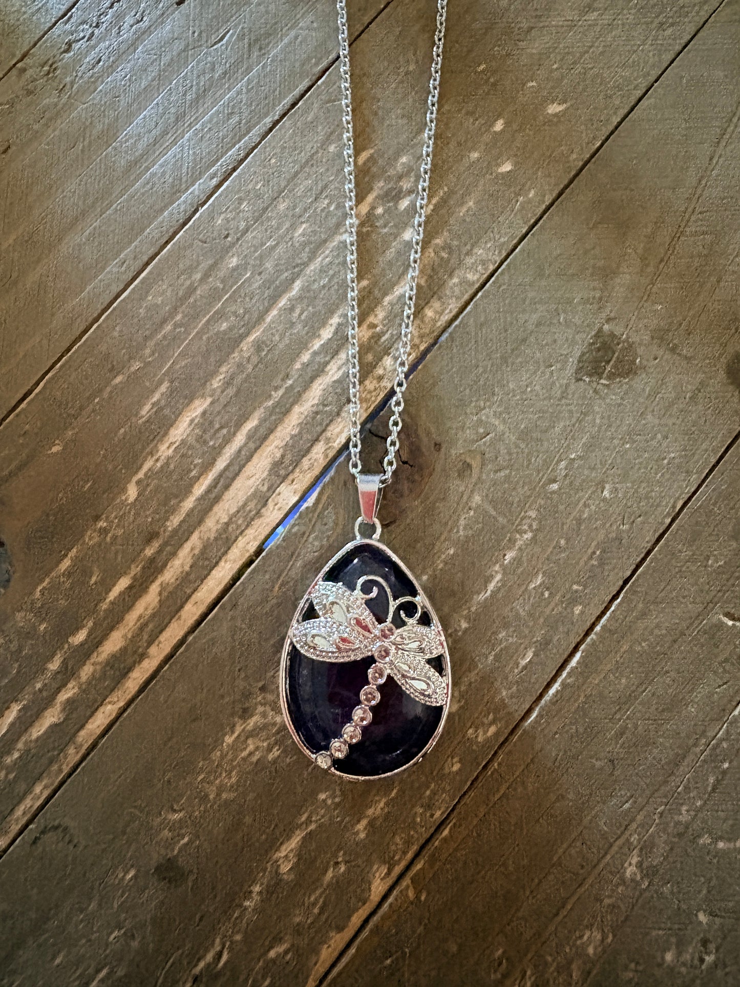 Blue Agate Dragonfly Teardrop Pendant Necklace