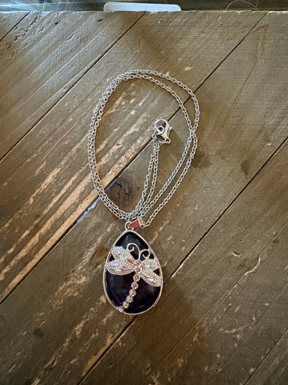 Blue Agate Dragonfly Teardrop Pendant Necklace