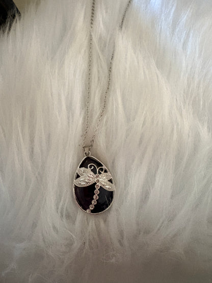 Blue Agate Dragonfly Teardrop Pendant Necklace