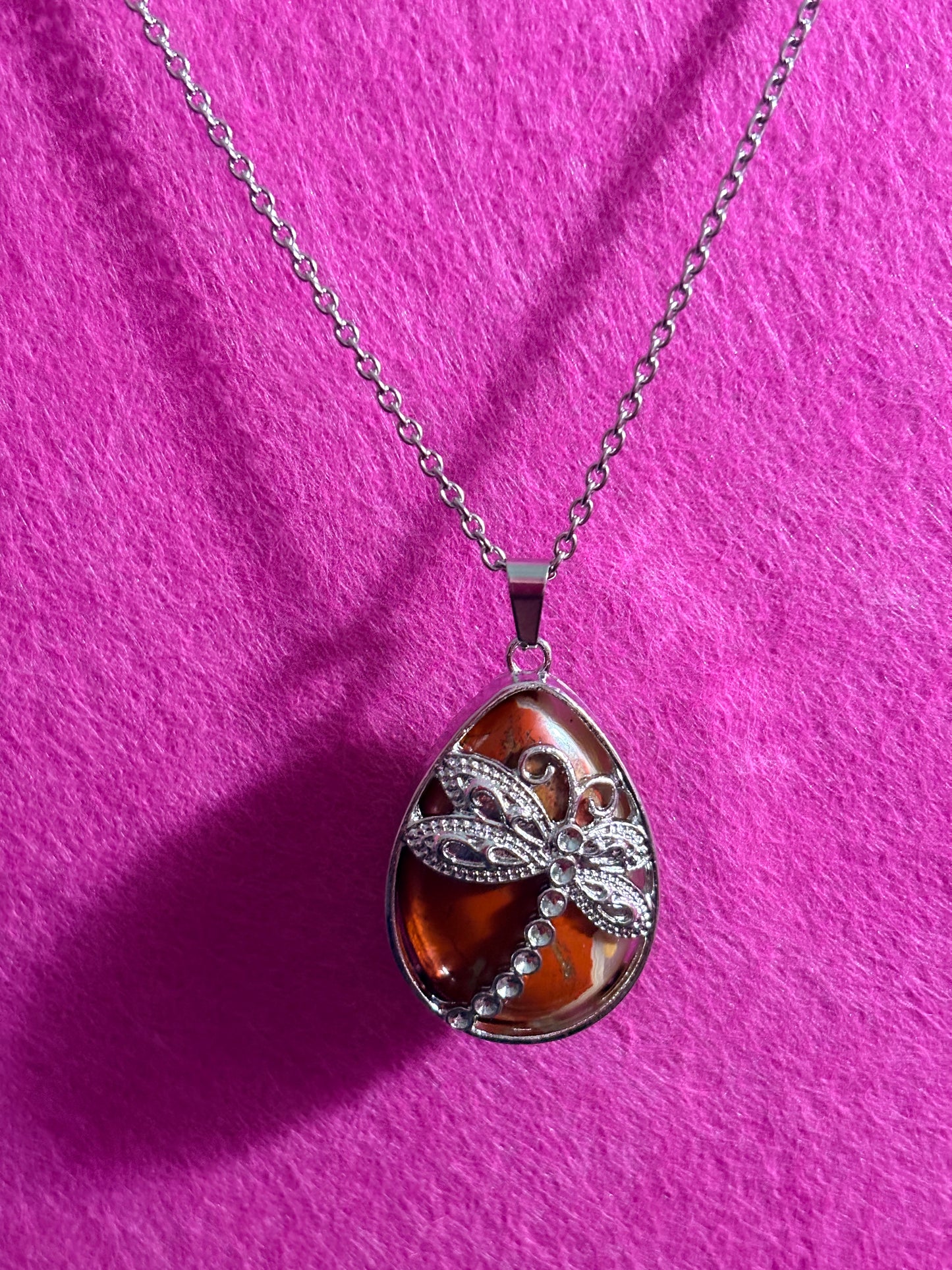 Brown Agate Dragonfly Teardrop Pendant Necklace