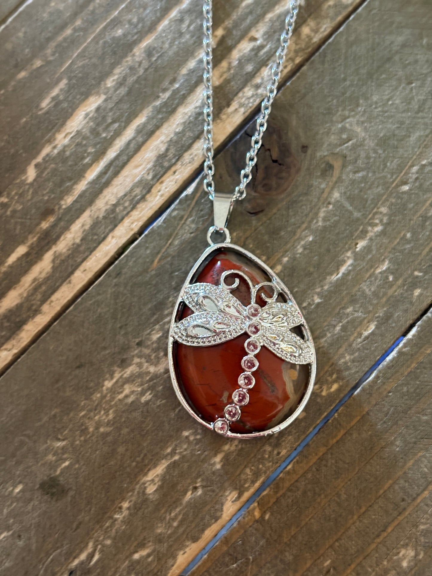 Brown Agate Dragonfly Teardrop Pendant Necklace