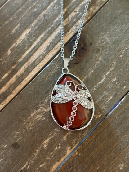 Brown Agate Dragonfly Teardrop Pendant Necklace