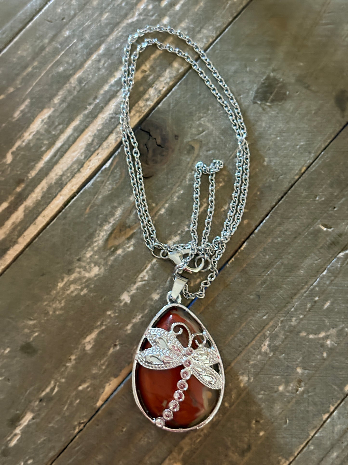 Brown Agate Dragonfly Teardrop Pendant Necklace