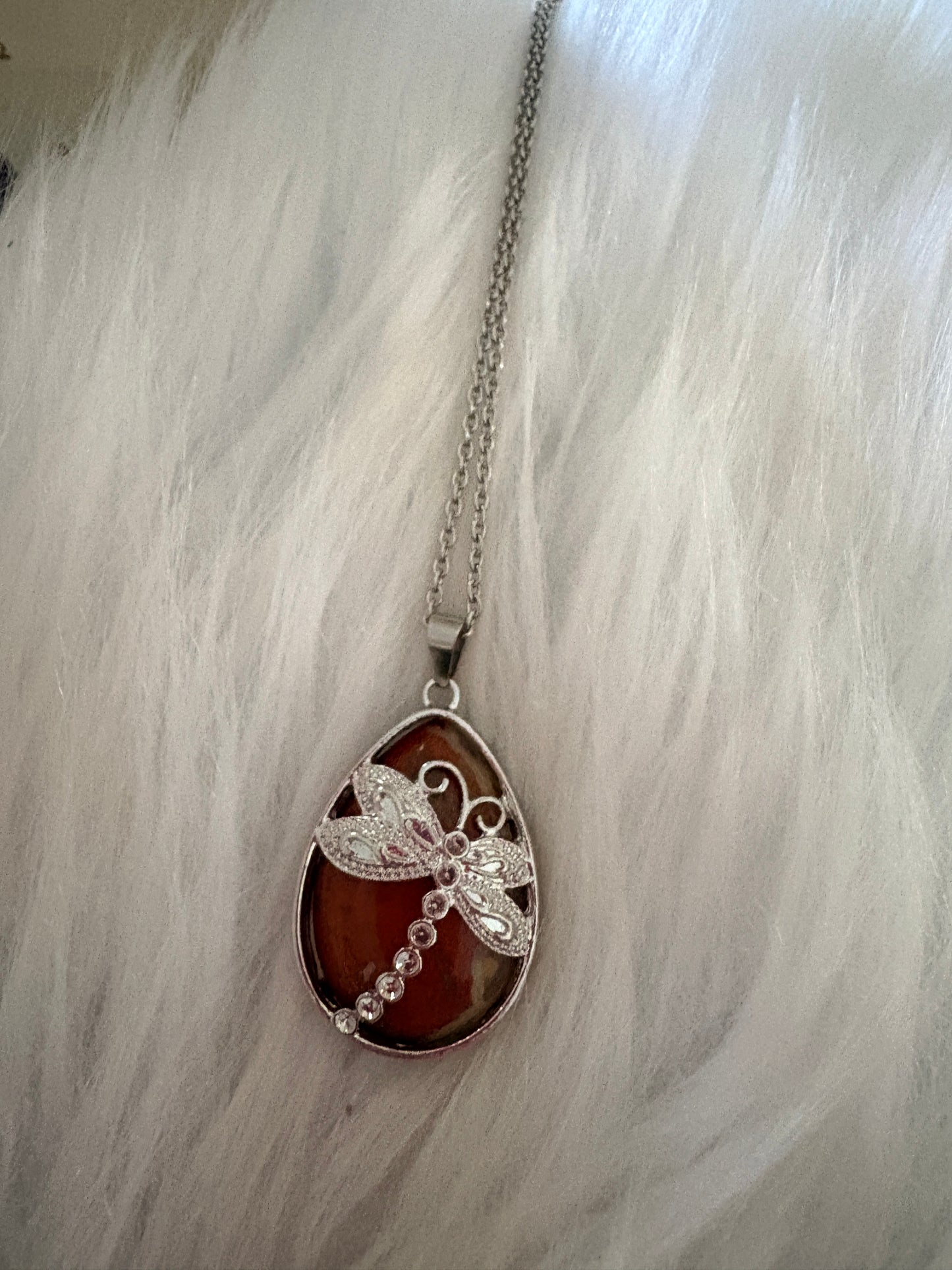 Brown Agate Dragonfly Teardrop Pendant Necklace