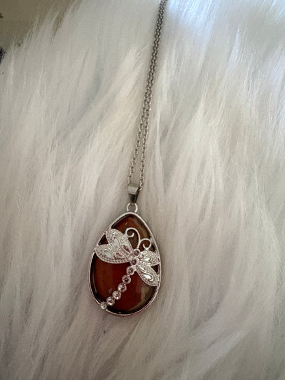 Brown Agate Dragonfly Teardrop Pendant Necklace
