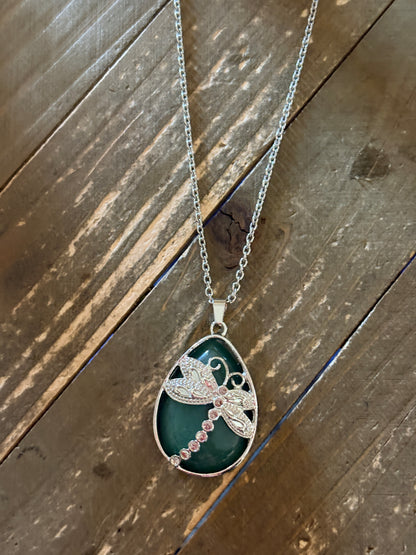 Green Agate Dragonfly Teardrop Pendant Necklace