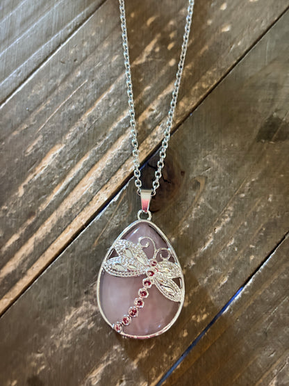 Pink Agate Dragonfly Teardrop Pendant Necklace