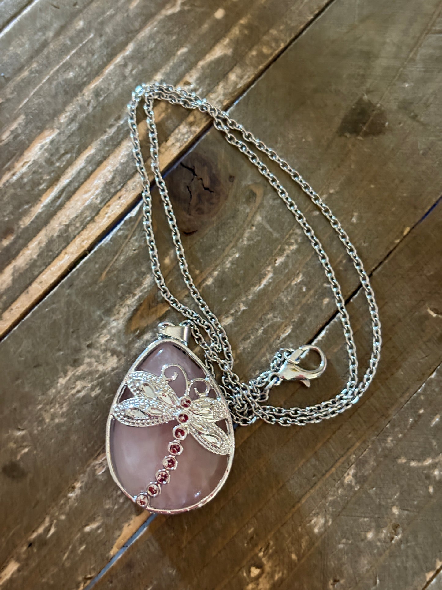 Pink Agate Dragonfly Teardrop Pendant Necklace