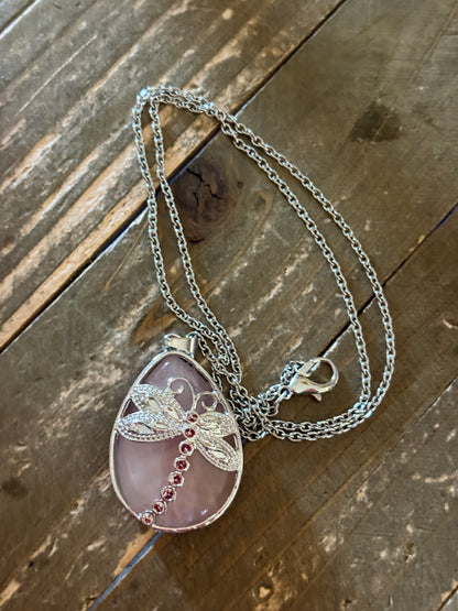 Pink Agate Dragonfly Teardrop Pendant Necklace