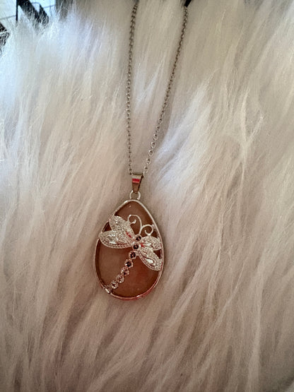 Pink Agate Dragonfly Teardrop Pendant Necklace