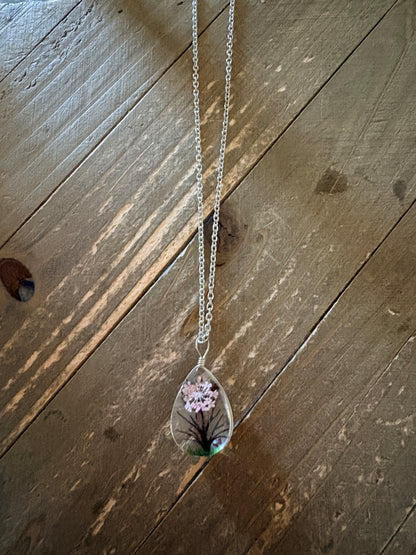 Dried Flower Tree &  Butterfly Teardrop Pendant Necklace