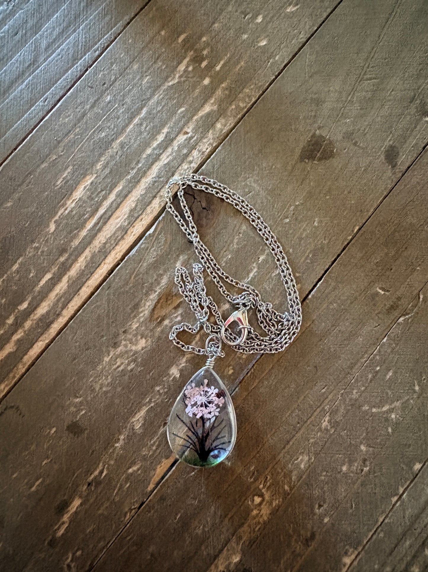 Dried Flower Tree &  Butterfly Teardrop Pendant Necklace