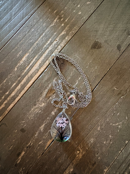 Dried Flower Tree &  Butterfly Teardrop Pendant Necklace