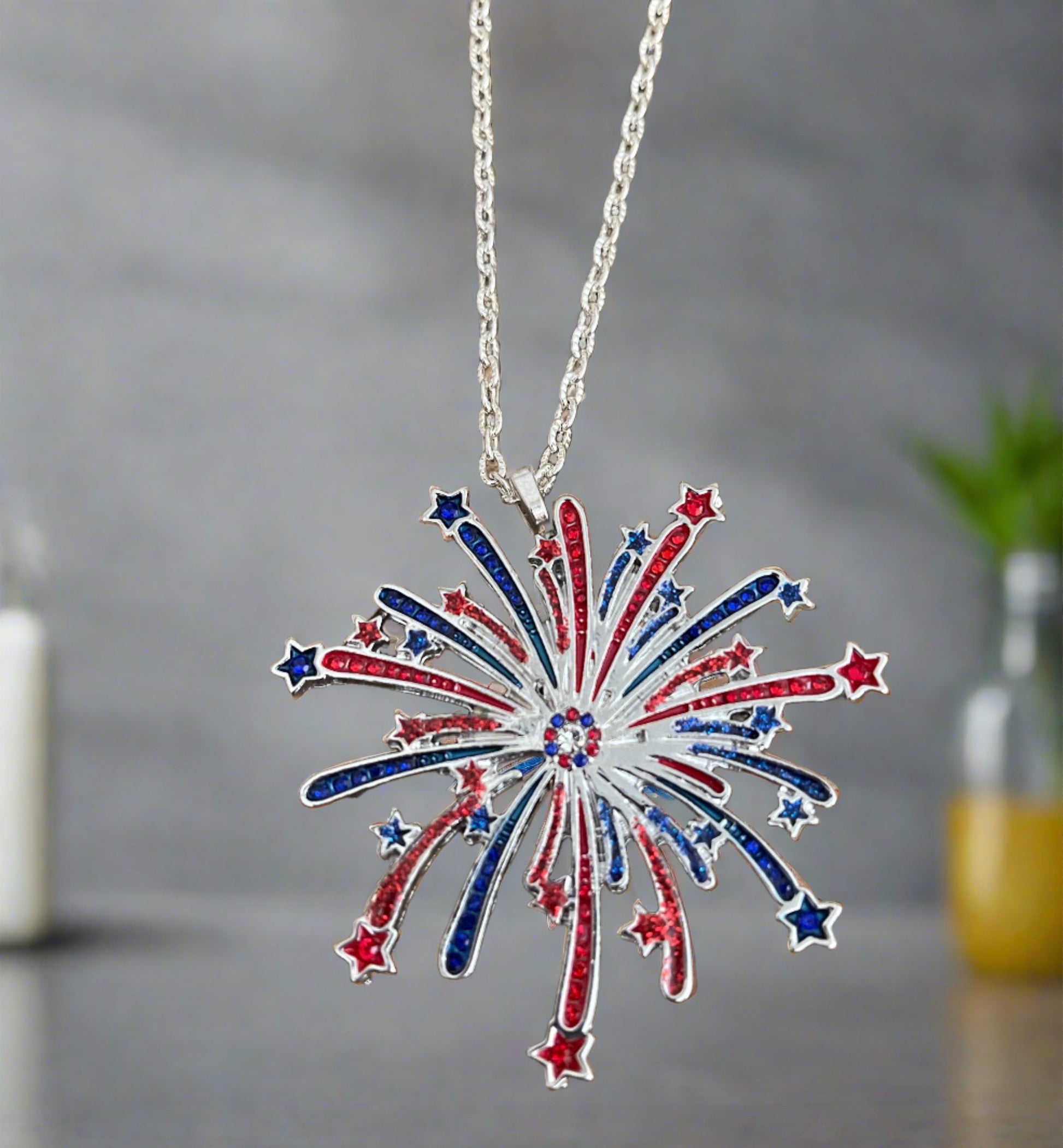 Patriotic Red, White &amp; Blue Fireworks Pendant on a Silver chain NecklacePink tiful of LOVE