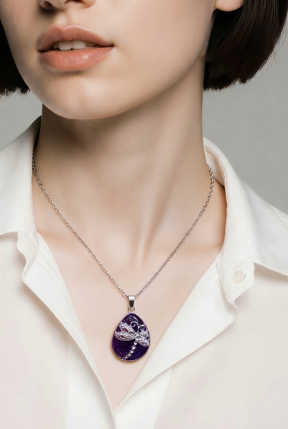 Blue Agate Dragonfly Teardrop Pendant Necklace
