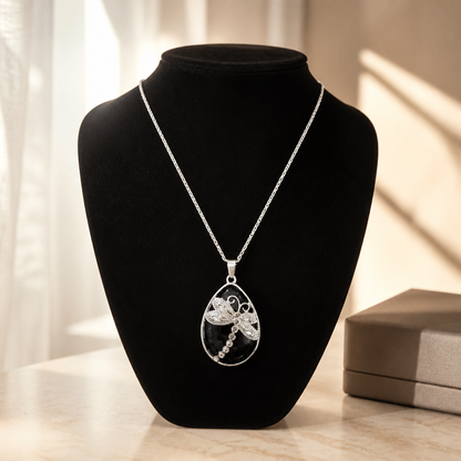 Blue Agate Dragonfly Teardrop Pendant Necklace