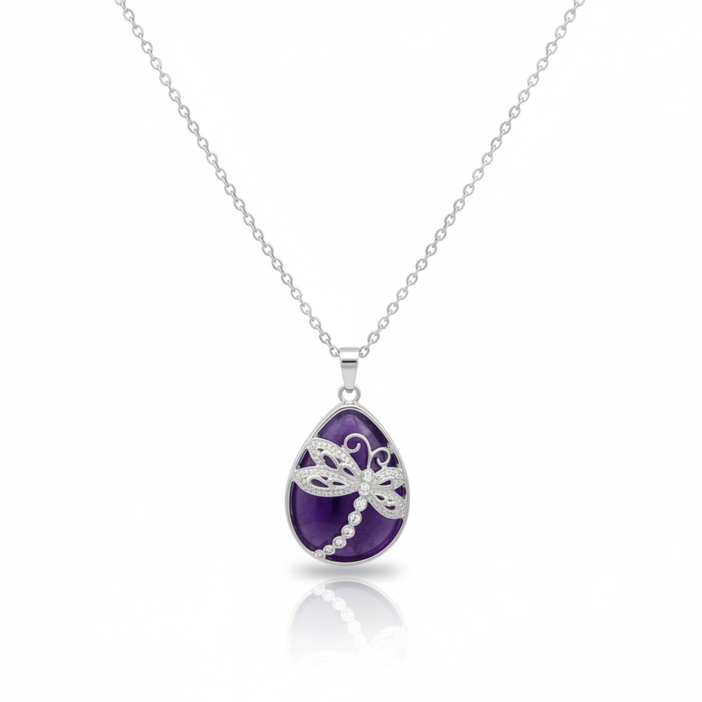Purple Agate Dragonfly Teardrop Pendant Necklace