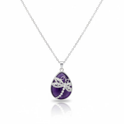 Purple Agate Dragonfly Teardrop Pendant Necklace