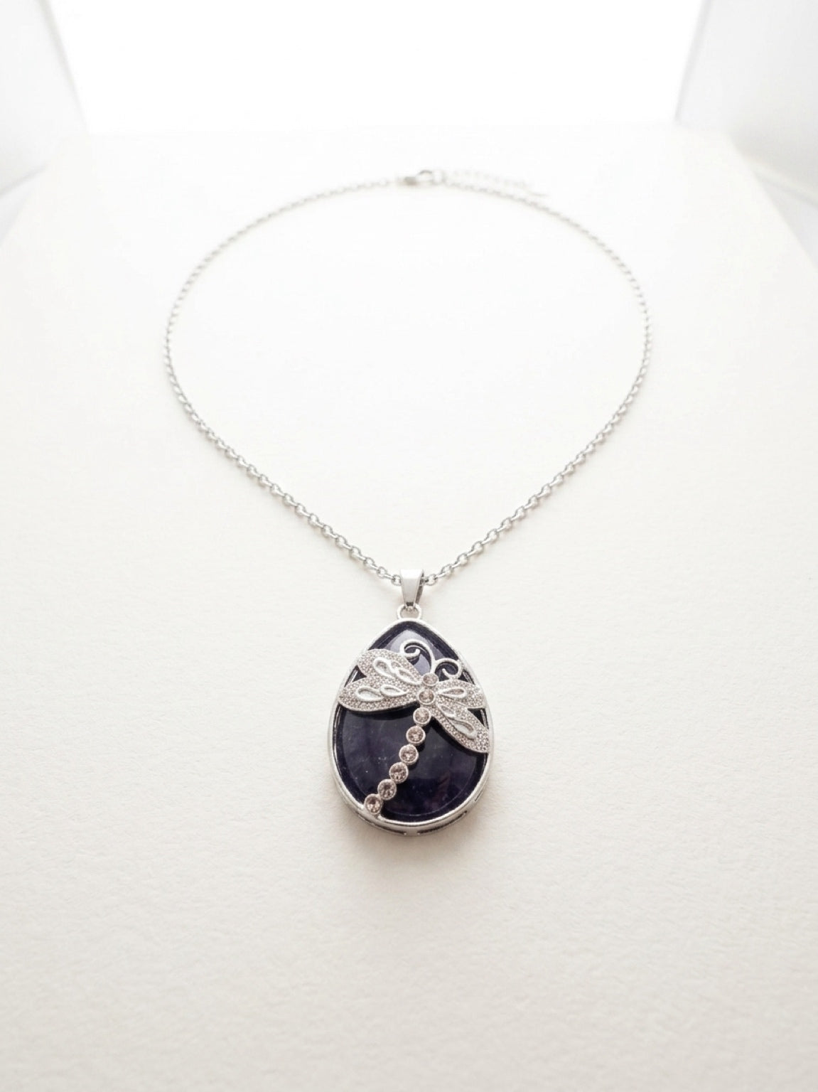 Blue Agate Dragonfly Teardrop Pendant Necklace