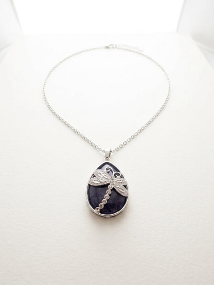 Blue Agate Dragonfly Teardrop Pendant Necklace