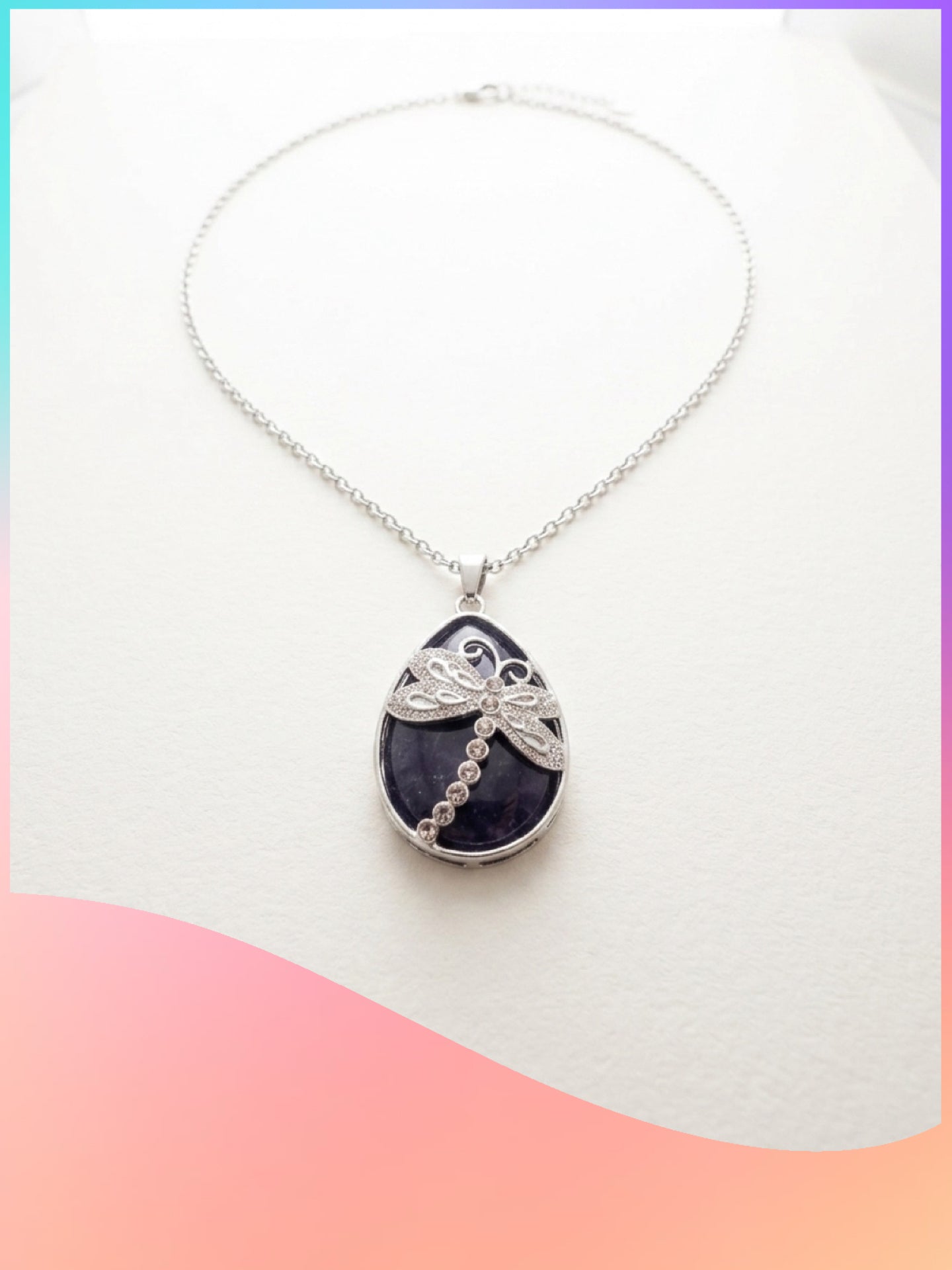 Purple Agate Dragonfly Teardrop Pendant Necklace