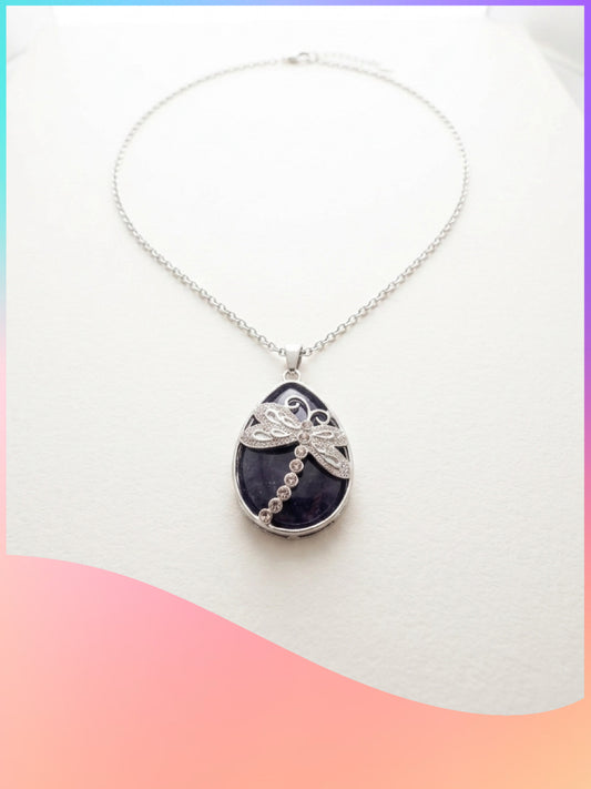 Purple Agate Dragonfly Teardrop Pendant Necklace