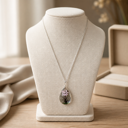 Dried Flower Tree &  Butterfly Teardrop Pendant Necklace