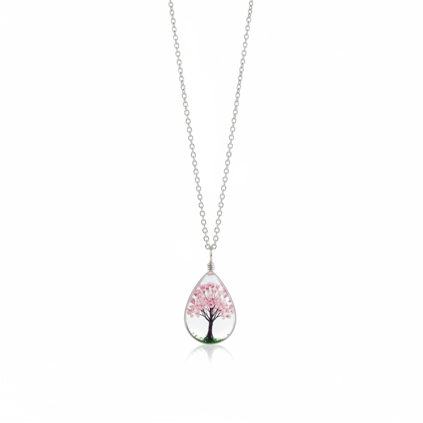 Dried Flower Tree &  Butterfly Teardrop Pendant Necklace