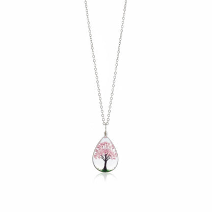 Dried Flower Tree &  Butterfly Teardrop Pendant Necklace