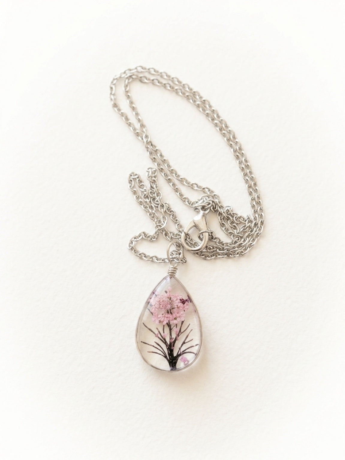 Dried Flower Tree &  Butterfly Teardrop Pendant Necklace