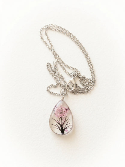 Dried Flower Tree &  Butterfly Teardrop Pendant Necklace