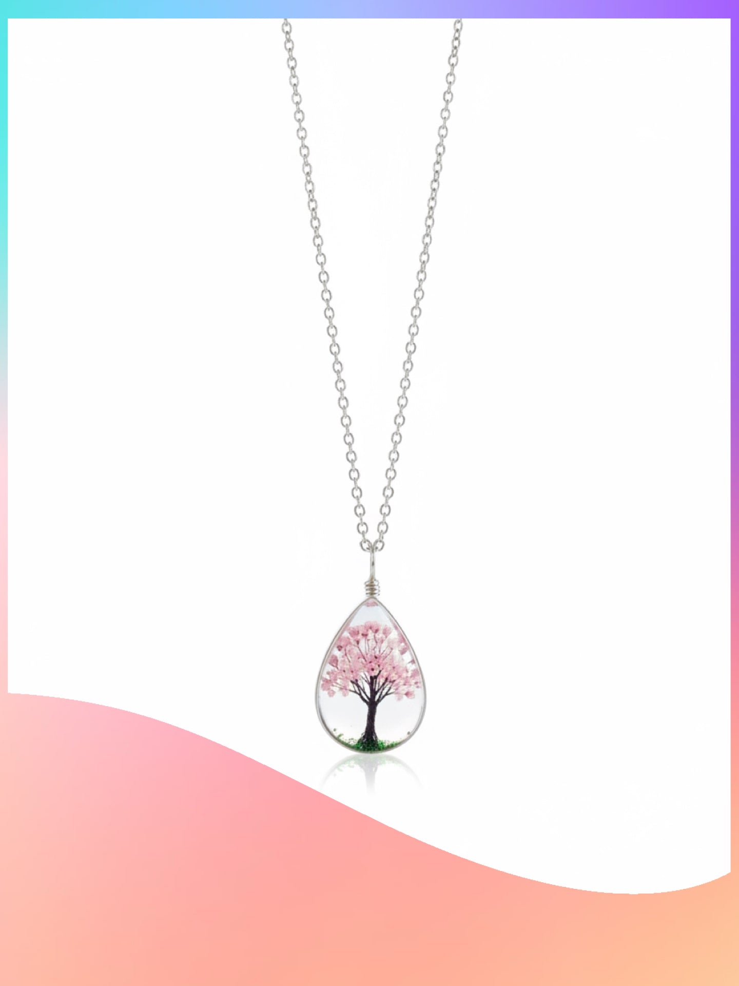 Dried Flower Tree &  Butterfly Teardrop Pendant Necklace
