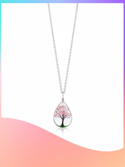 Dried Flower Tree &  Butterfly Teardrop Pendant Necklace