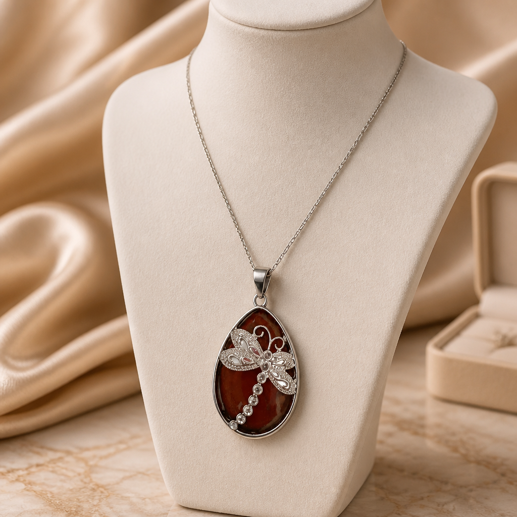 Brown Agate Dragonfly Teardrop Pendant Necklace