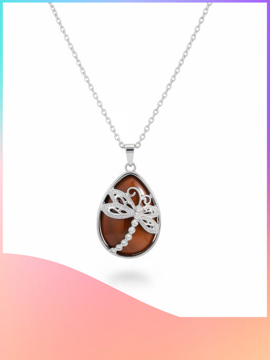 Brown Agate Dragonfly Teardrop Pendant Necklace