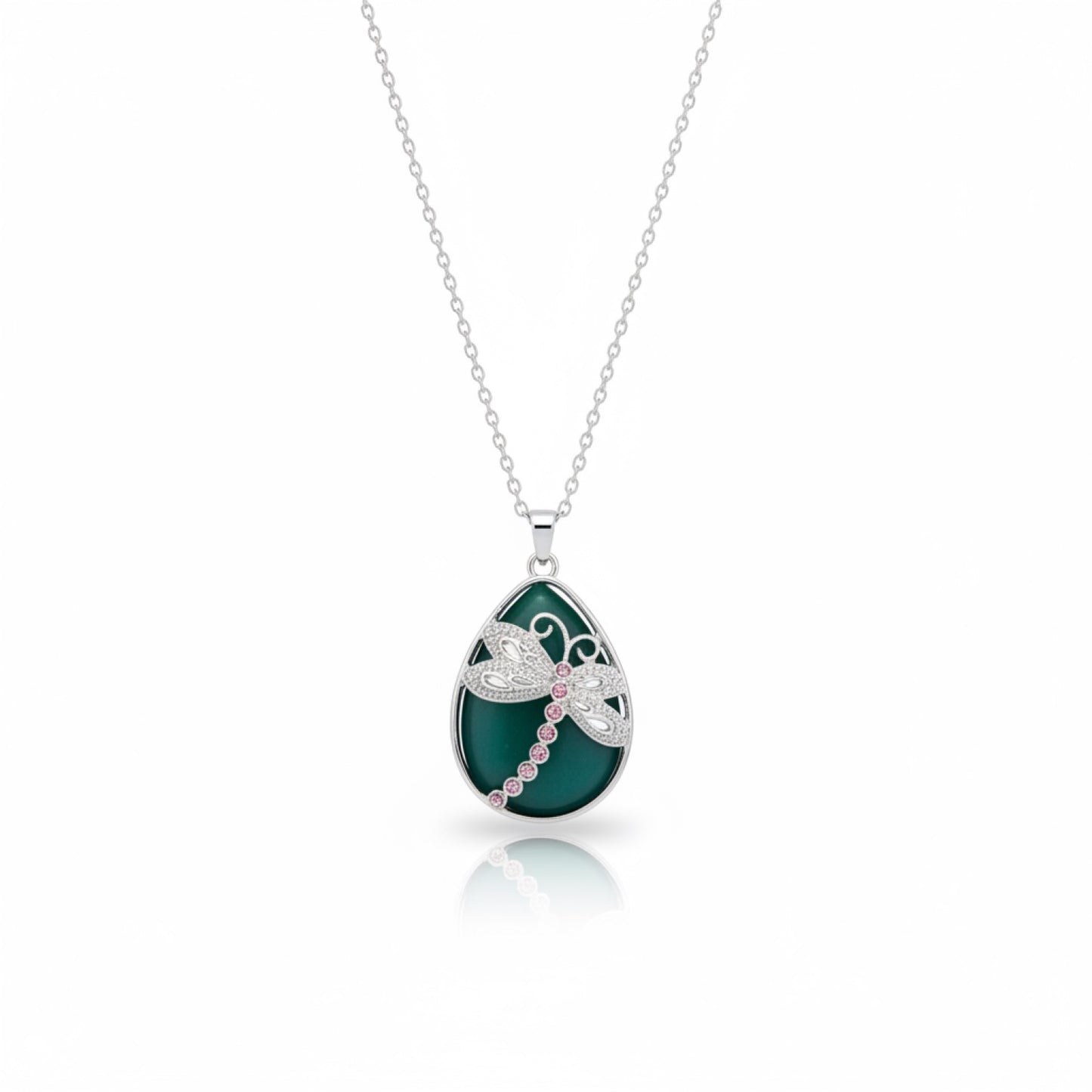 Green Agate Dragonfly Teardrop Pendant Necklace