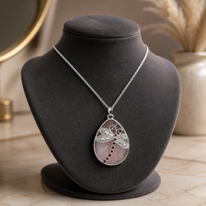 Pink Agate Dragonfly Teardrop Pendant Necklace