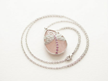 Pink Agate Dragonfly Teardrop Pendant Necklace