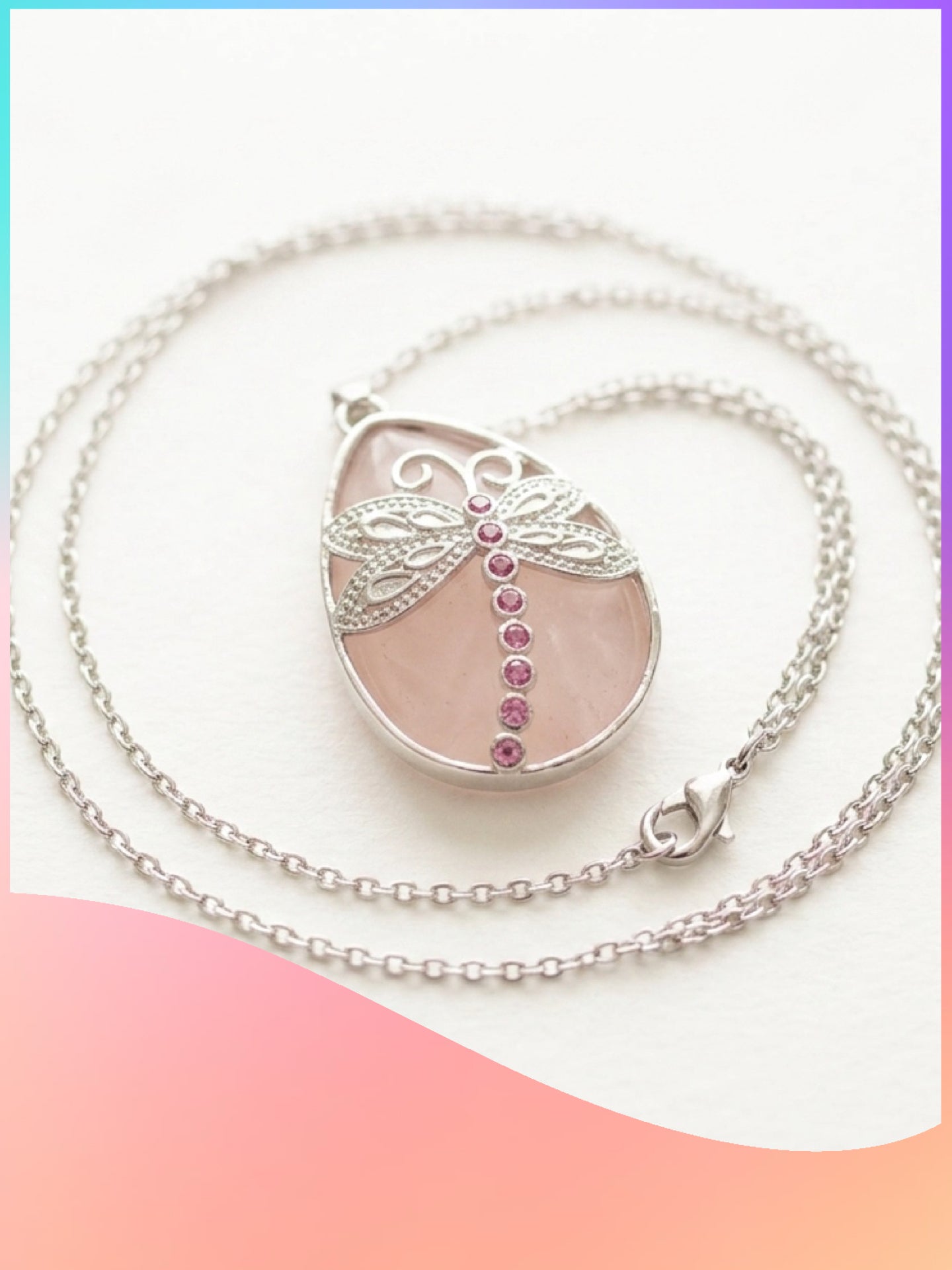 Pink Agate Dragonfly Teardrop Pendant Necklace
