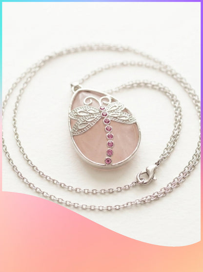 Pink Agate Dragonfly Teardrop Pendant Necklace
